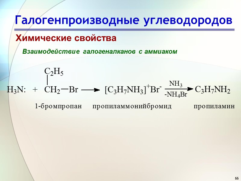 55 Галогенпроизводные углеводородов Химические свойства Взаимодействие галогеналканов с аммиаком